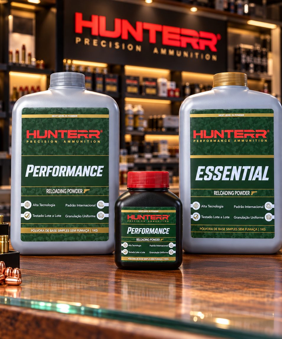 Pólvoras HUNTERR Performance e Essential em frascos de 1 kg e 100 g